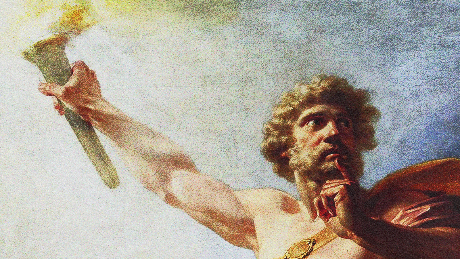 Painting of Prometheus holding a flaming torch aloft.