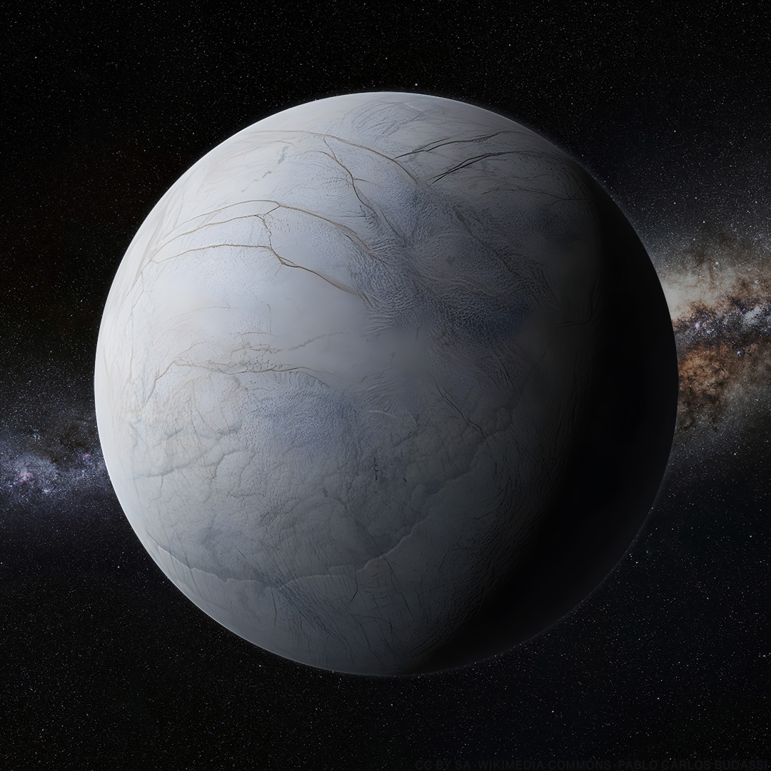 A detailed rendering of Jupiter's icy moon, Europa, showcasing oxygen that potentially harbored or killed life, with a backdrop of stars and the Milky Way galaxy.