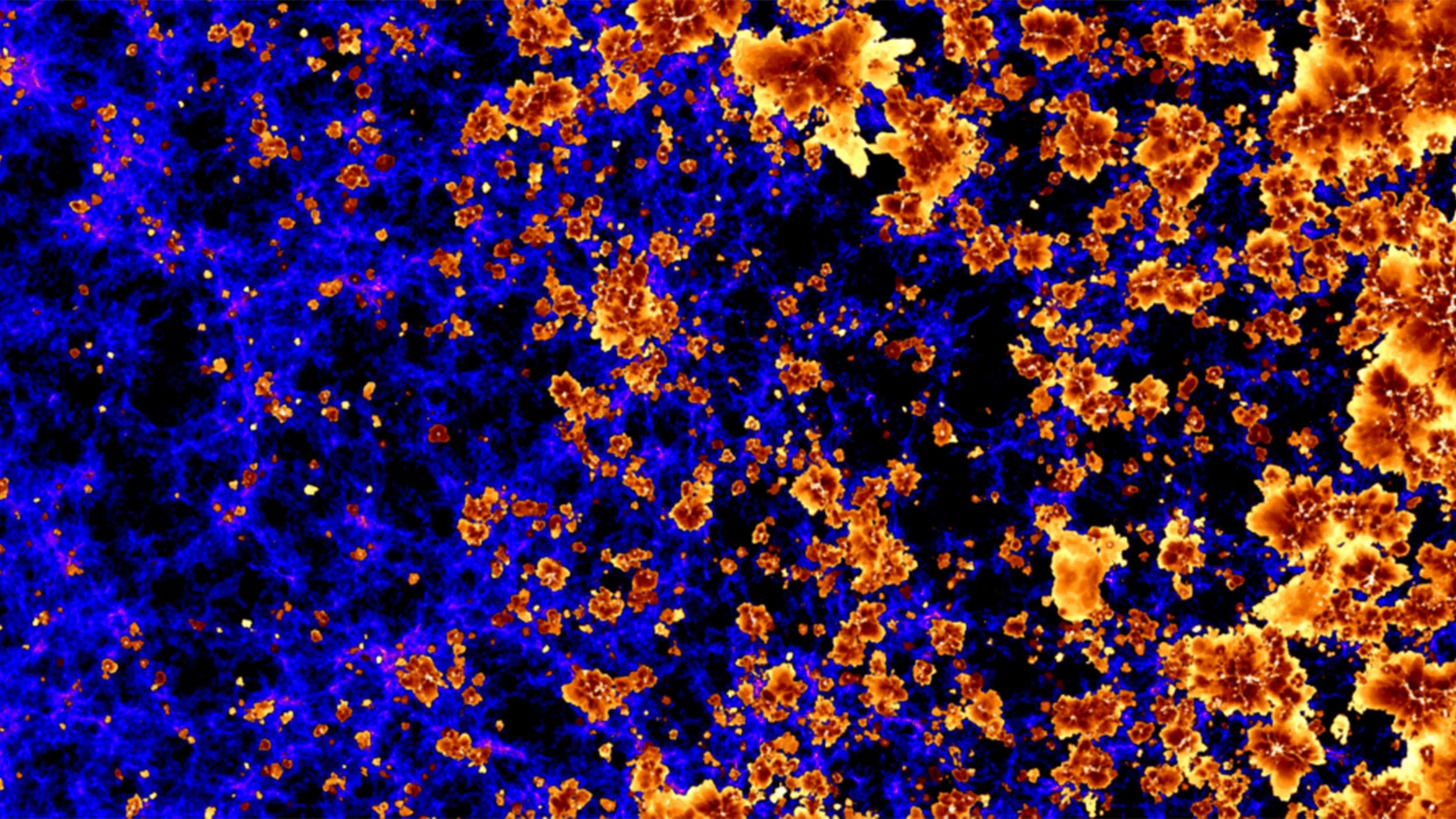 Esta imagen muestra un llamativo patrón azul y naranja sobre un fondo negro, lo que lo hace visible en el universo.