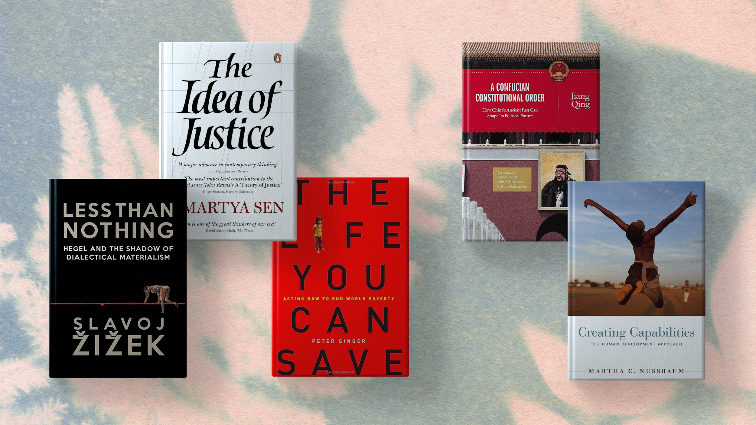 Five modern philosophy books about the idea of justice on a pink background.