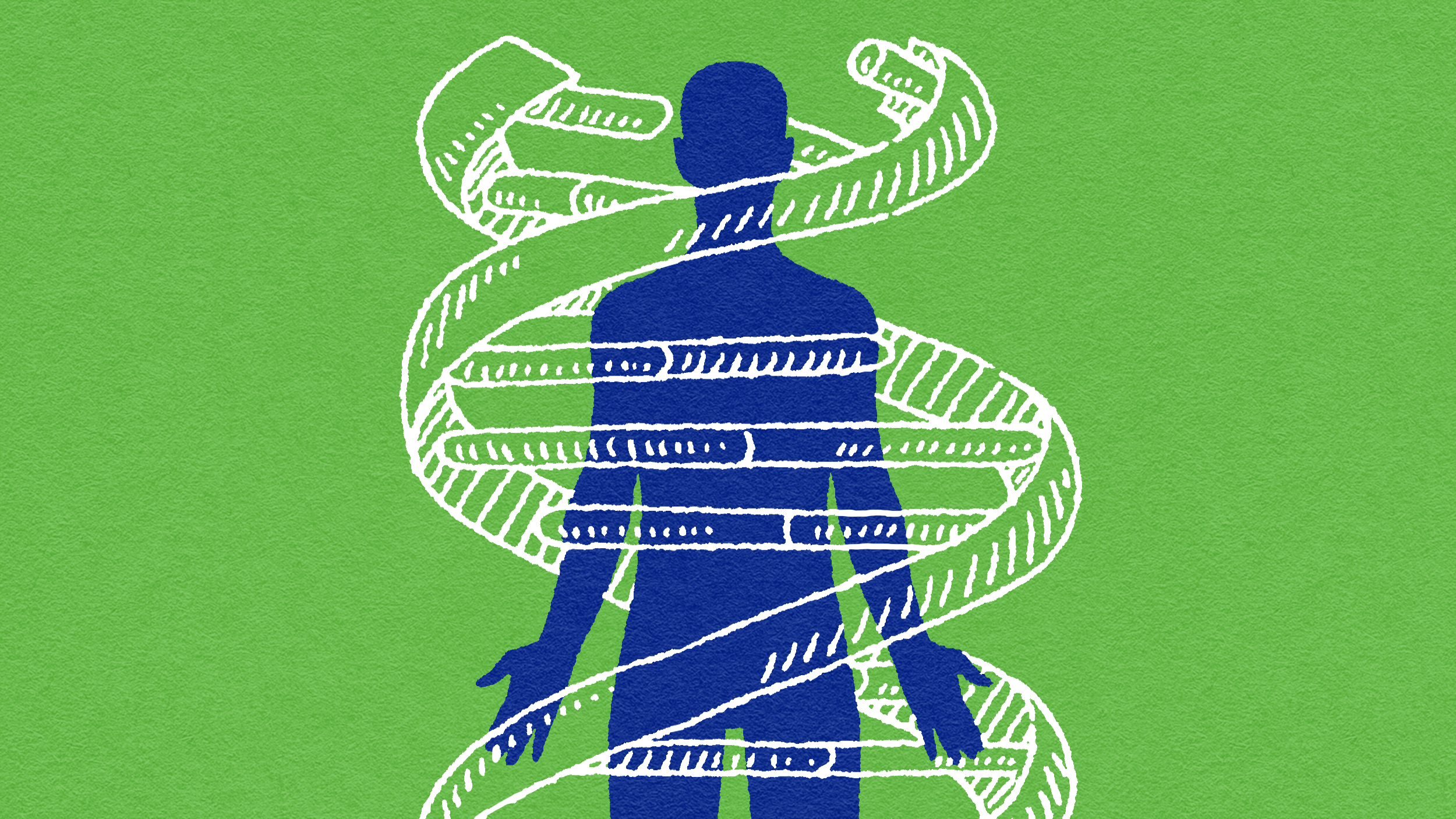 A blue and white drawing of a person wrapped in a tape illustrating genetic determinism.