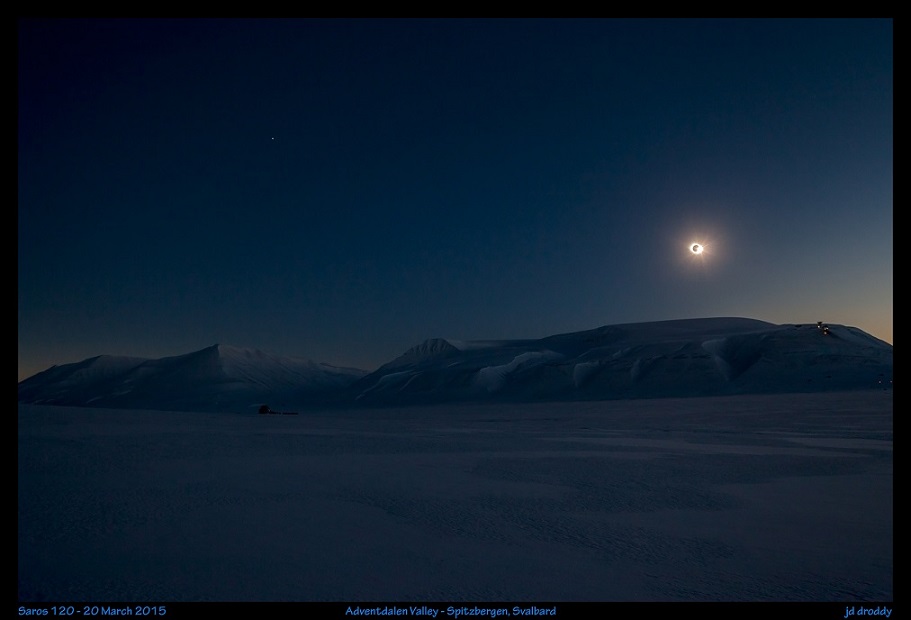 Snow-covered landscape during a total eclipse in Adventdalen valley, Spitsbergen, Svalbard.