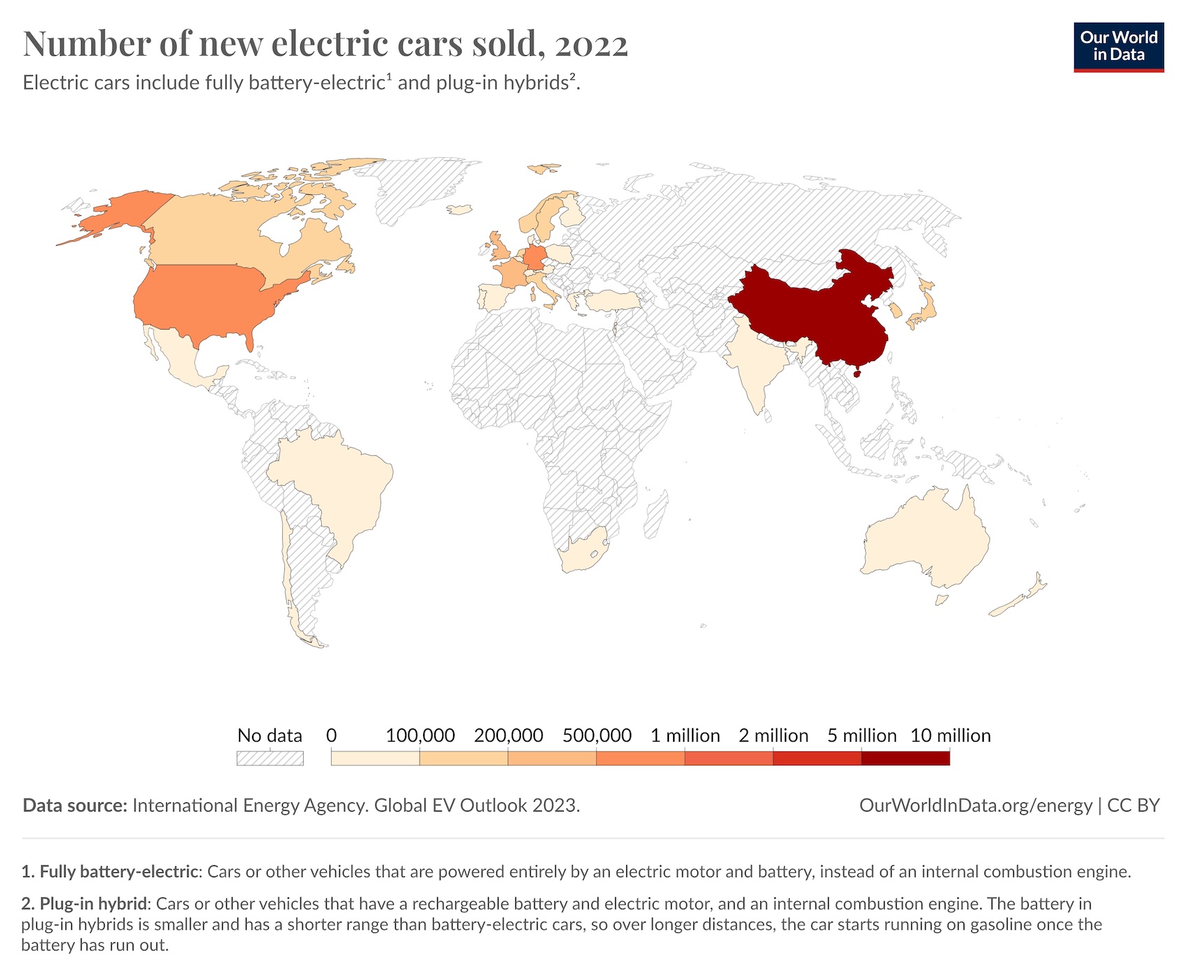 World map illustrating the number of new electric cars by country in 2022, with varying shades indicating the quantity sold, ranging from no data to over 10 million vehicles.