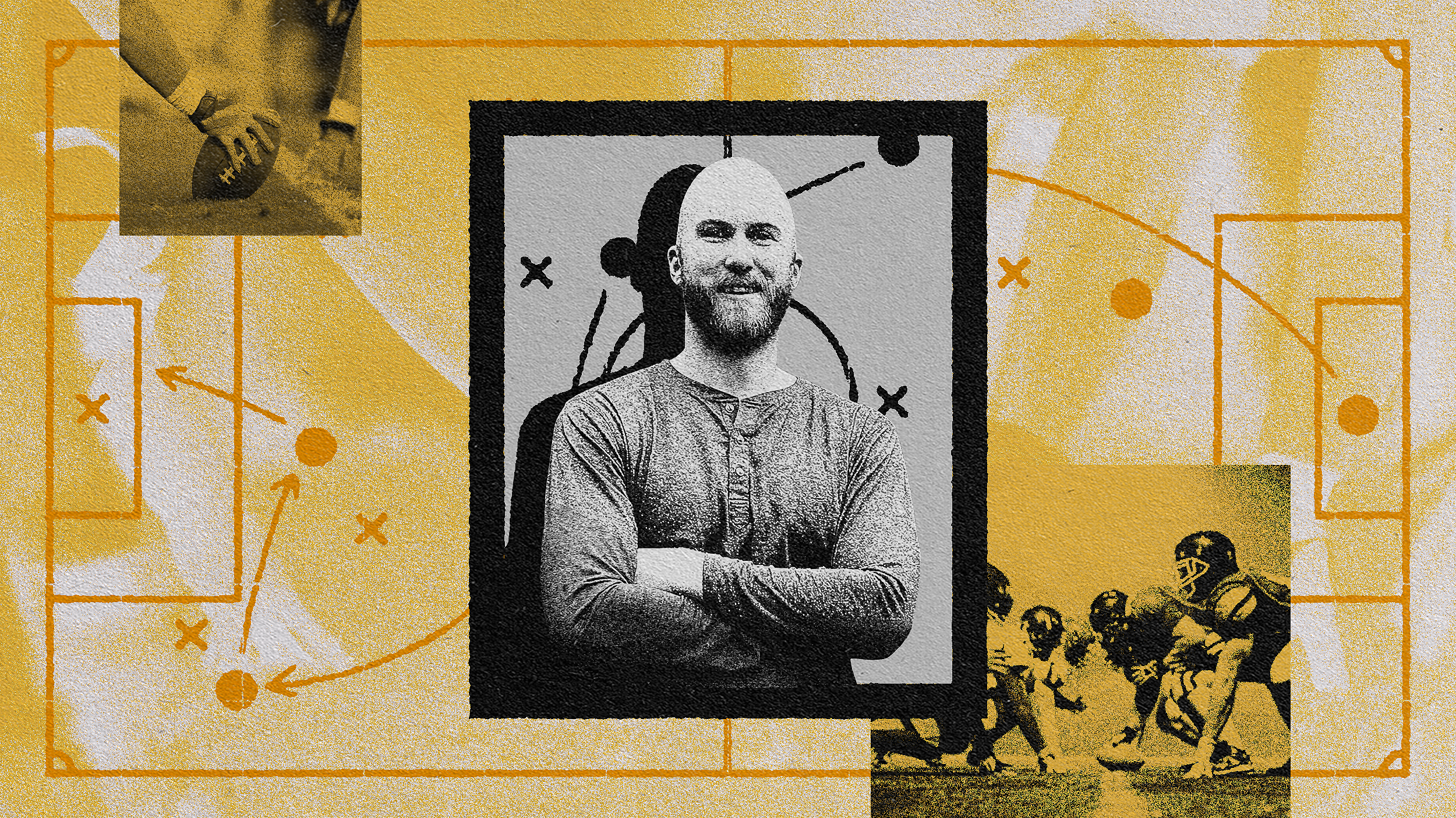A collage featuring a central black and white image of a bearded man with crossed arms, representing AI startup leadership, surrounded by smaller images and diagrams related to football, all set against an orange textured background