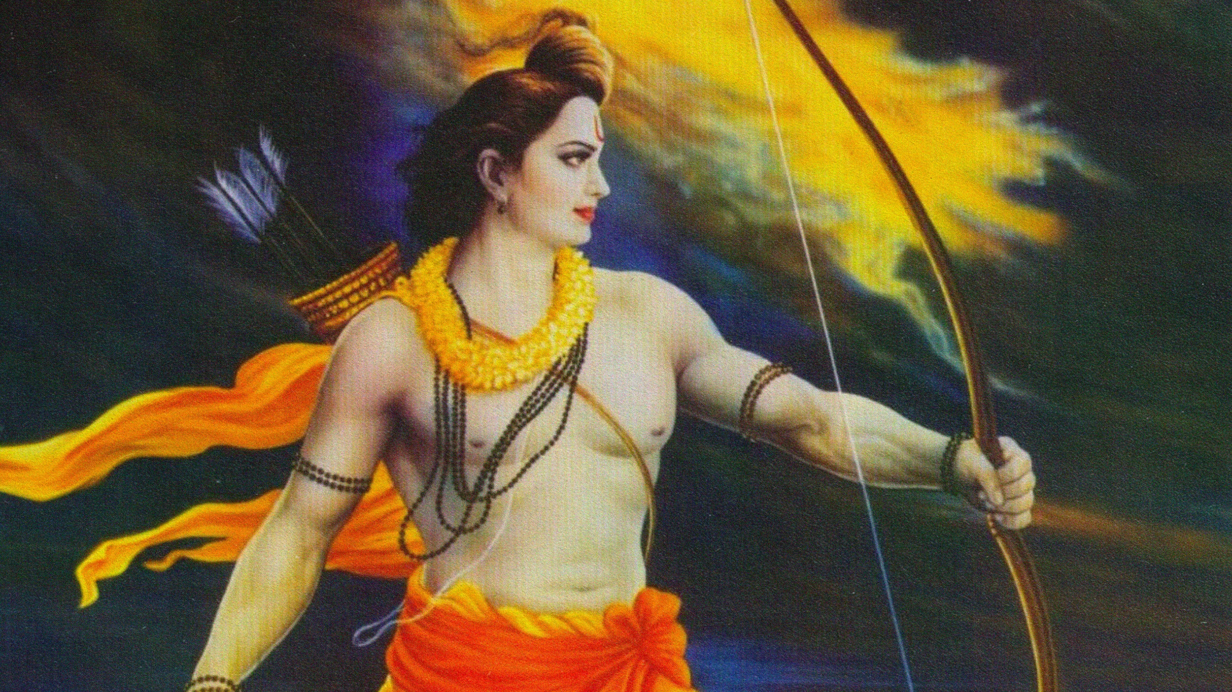 A painting of lord Rama, a major deity in Hinduism and a key figure in the monomyth, depicted with a bow and arrow set against a dynamic sky background.