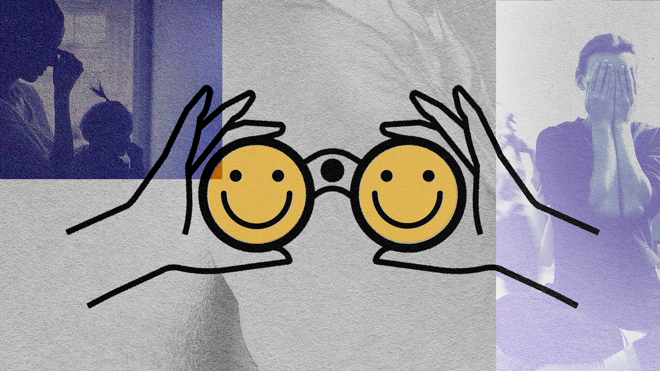 An image of a person holding a pair of binoculars with the new happy face on it.