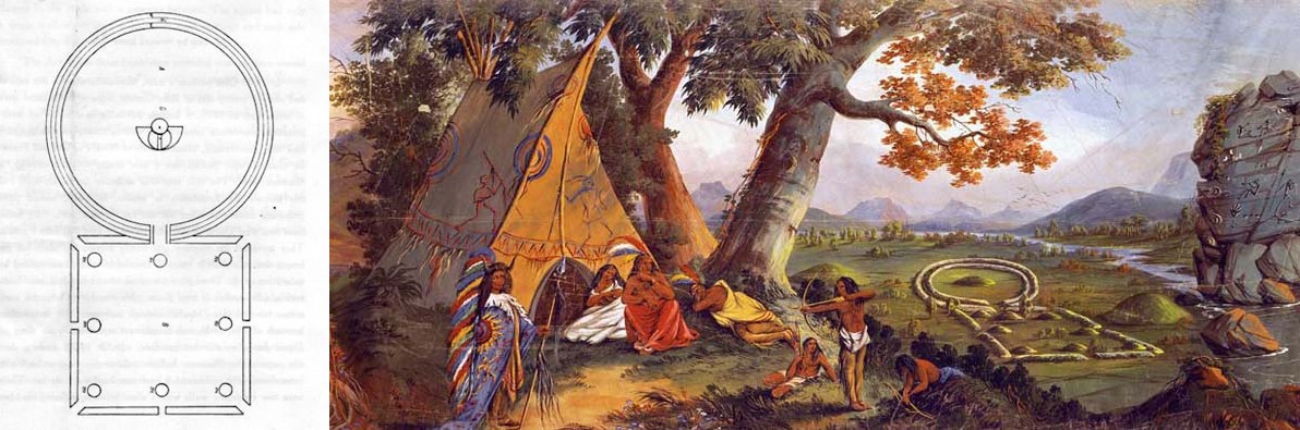 An artistic depiction of an idyllic native american camp scene flanked by a technical drawing of a toilet seat.