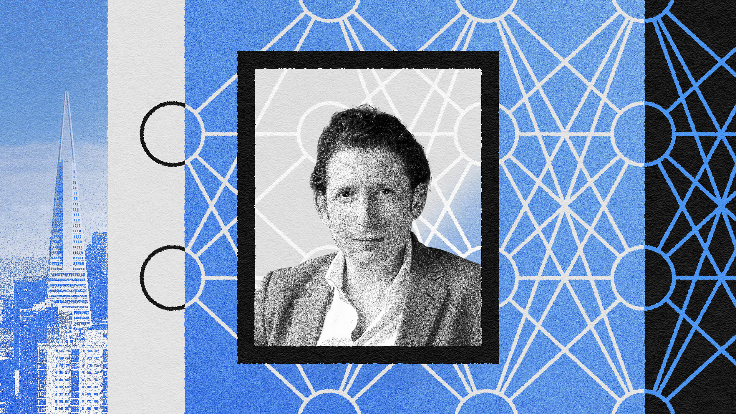 Monochrome portrait of a man with curly hair superimposed on an abstract background featuring skyscrapers, geometric patterns, and elements of machine learning marketing.