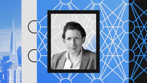 Monochrome portrait of a man with curly hair superimposed on an abstract background featuring skyscrapers, geometric patterns, and elements of machine learning marketing.