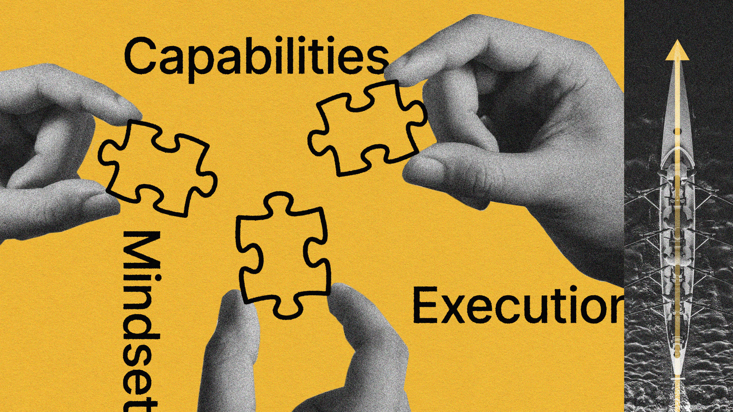 Two hands fitting together puzzle pieces with the words "mindset" and "capabilities", against a backdrop featuring the word "execution" and an image of a rocket launch.