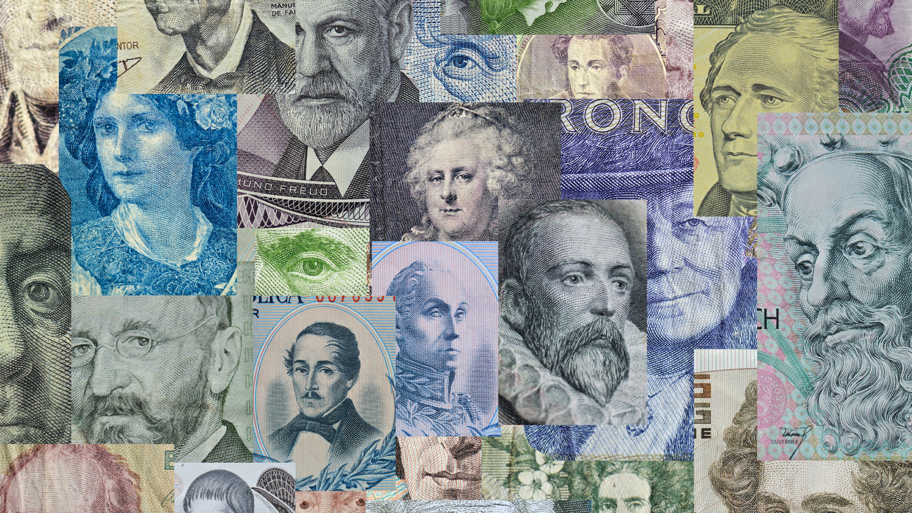 A collage of various international banknotes featuring portraits of historical figures.