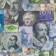 A collage of various international banknotes featuring portraits of historical figures.