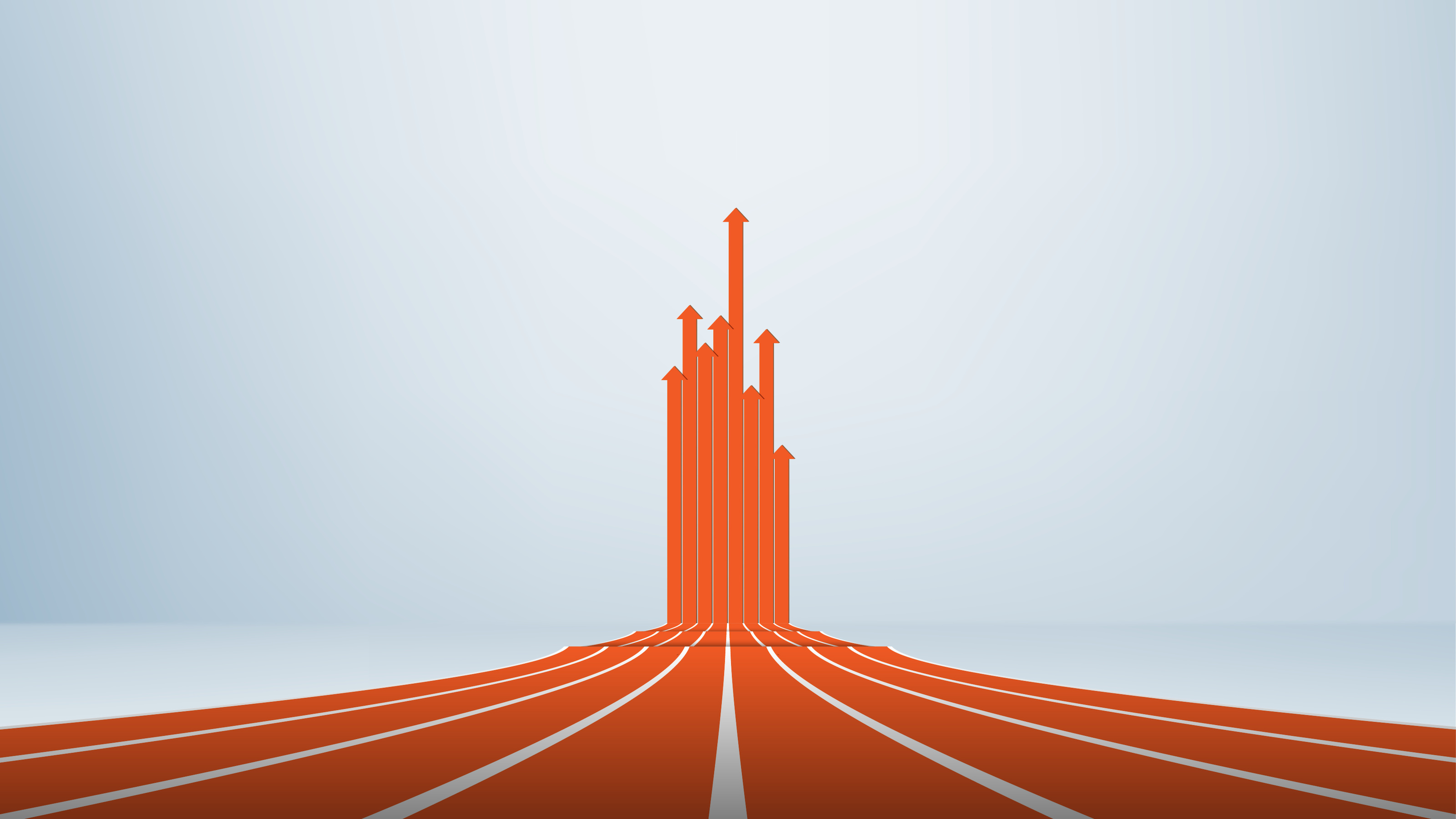 Abstract illustration of orange arrows soaring upwards from converging lines, symbolizing growth, progress, or success.