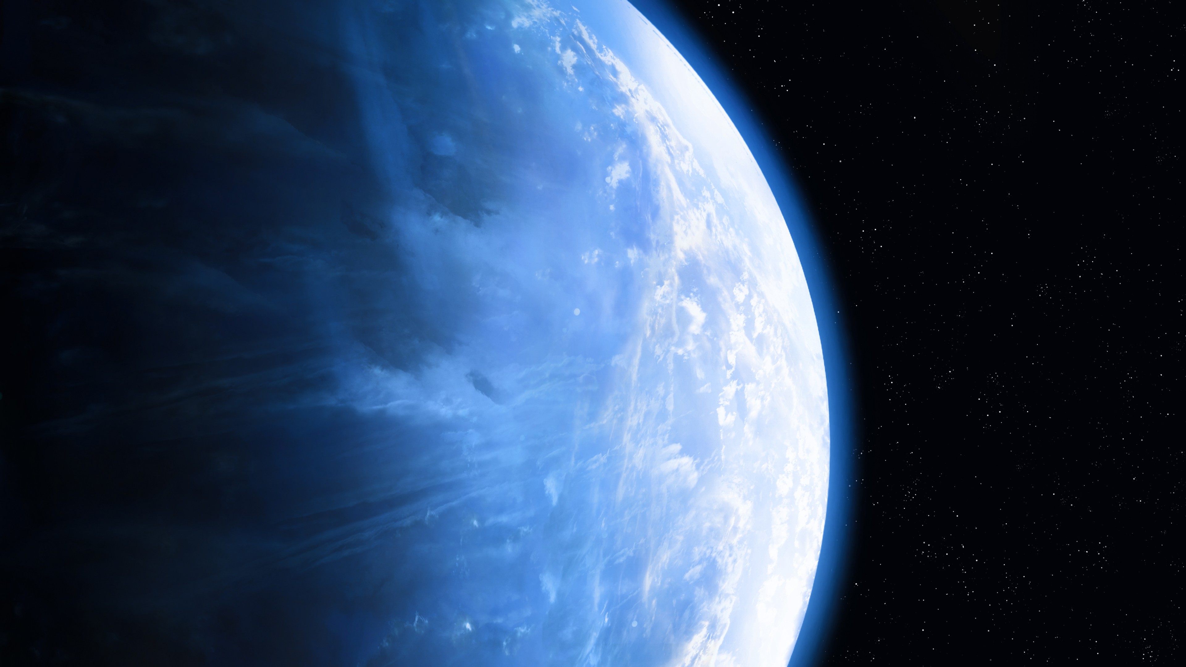 A striking view of a blue planet, similar to earth, seen from space with part of its surface illuminated by sunlight against a starry background.