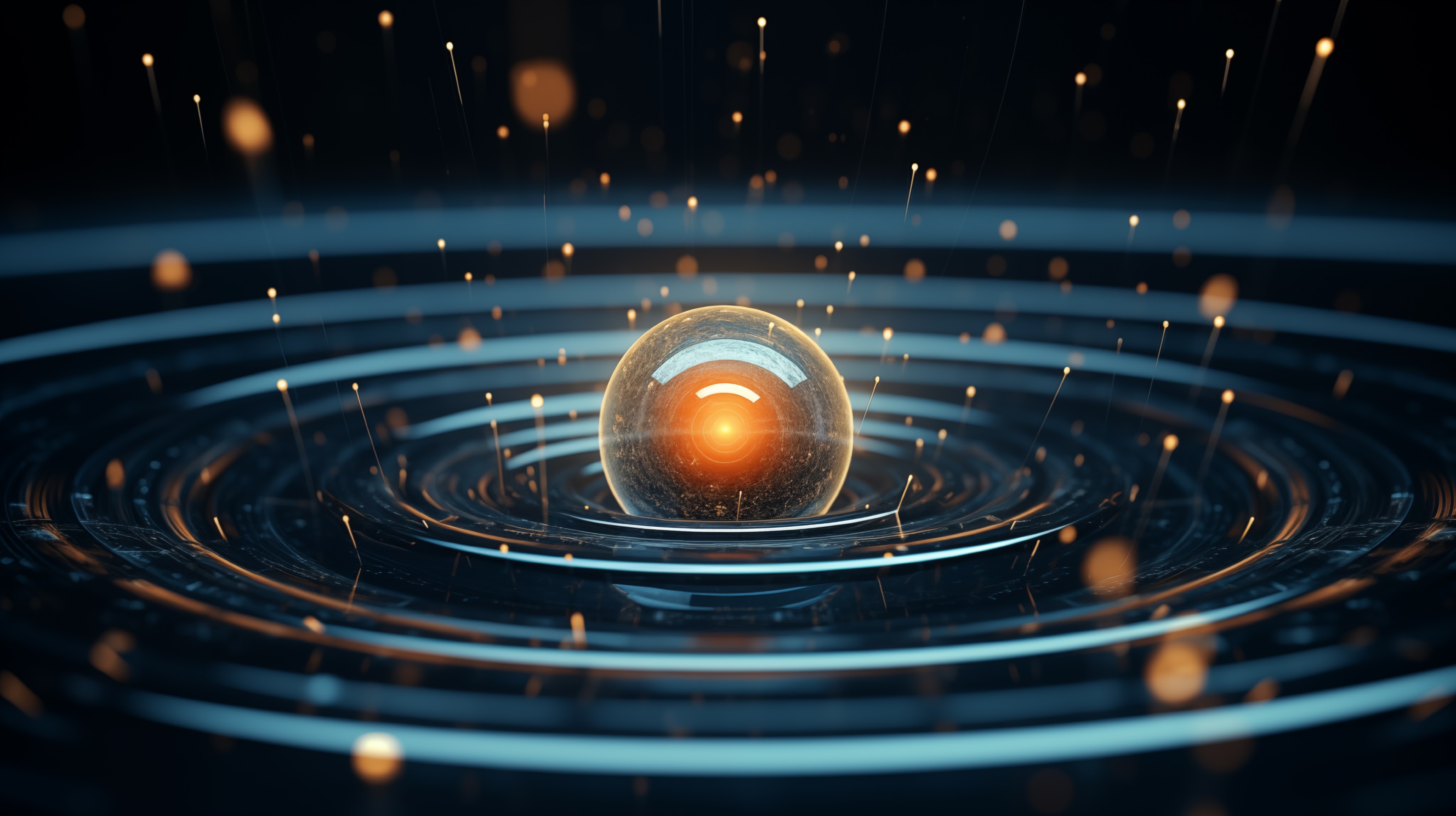 A futuristic digital sphere glowing orange at the center, surrounded by concentric blue light rings and floating golden particles on a dark background.
