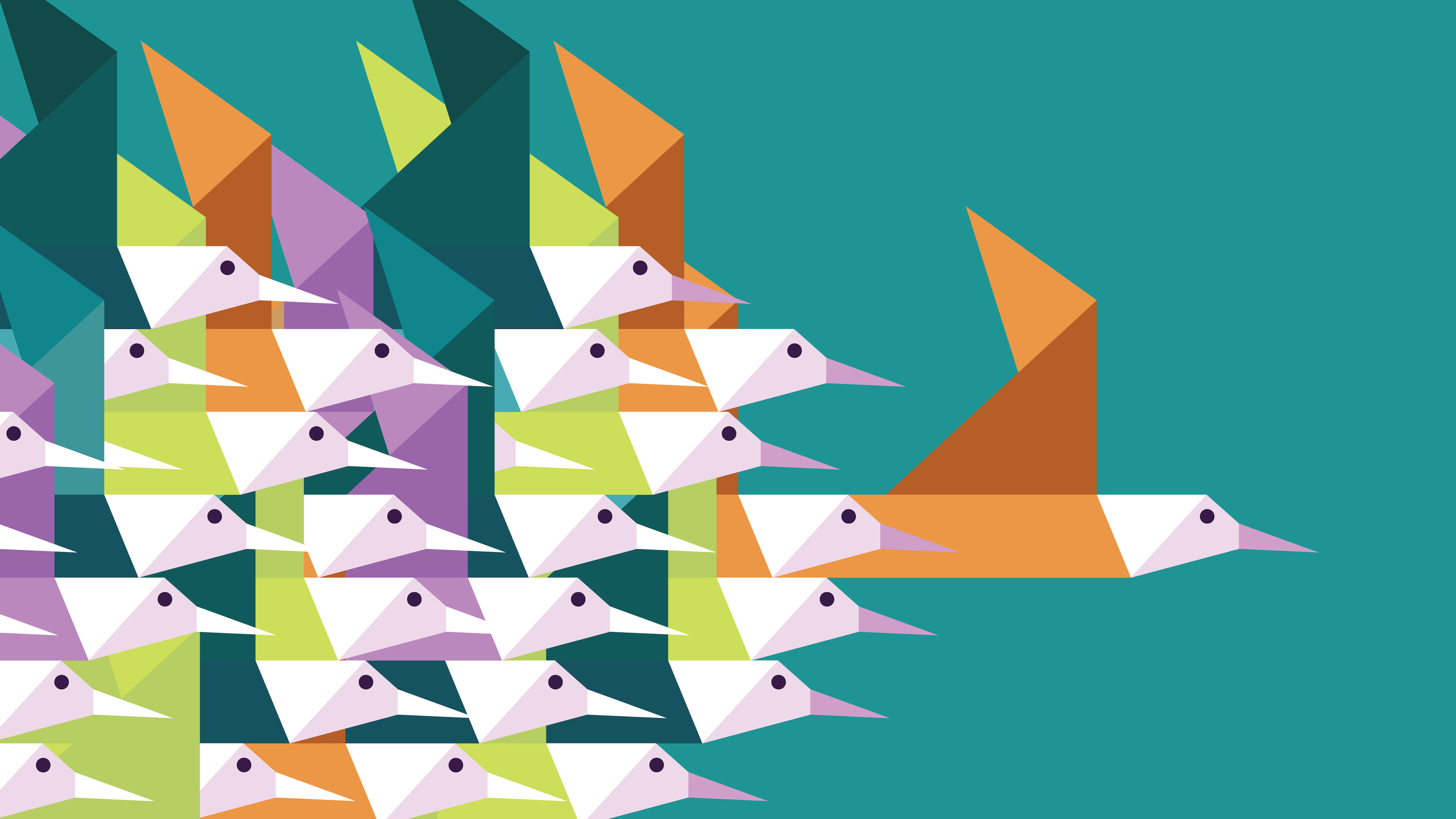 A geometric illustration of various birds in origami style, with one bird in the foreground distinguished by its size and color.