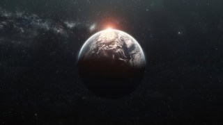 A digital rendering of a planet partially illuminated by a nearby star, with a galaxy visible in the dark space background.