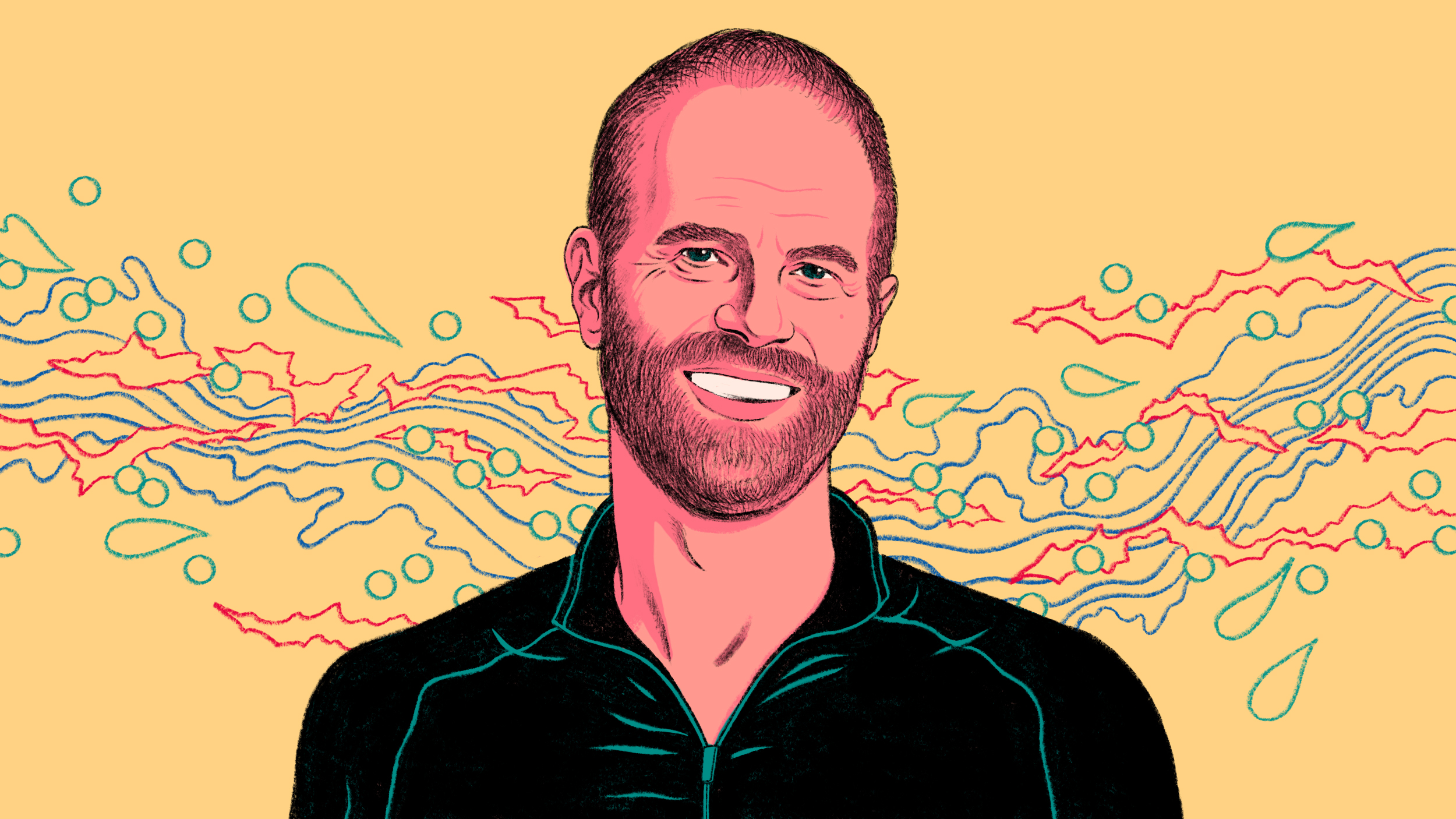 Illustration of a smiling bald man with a leadership hack, wearing a dark zip-up jacket against a yellow background with abstract green and blue waves.