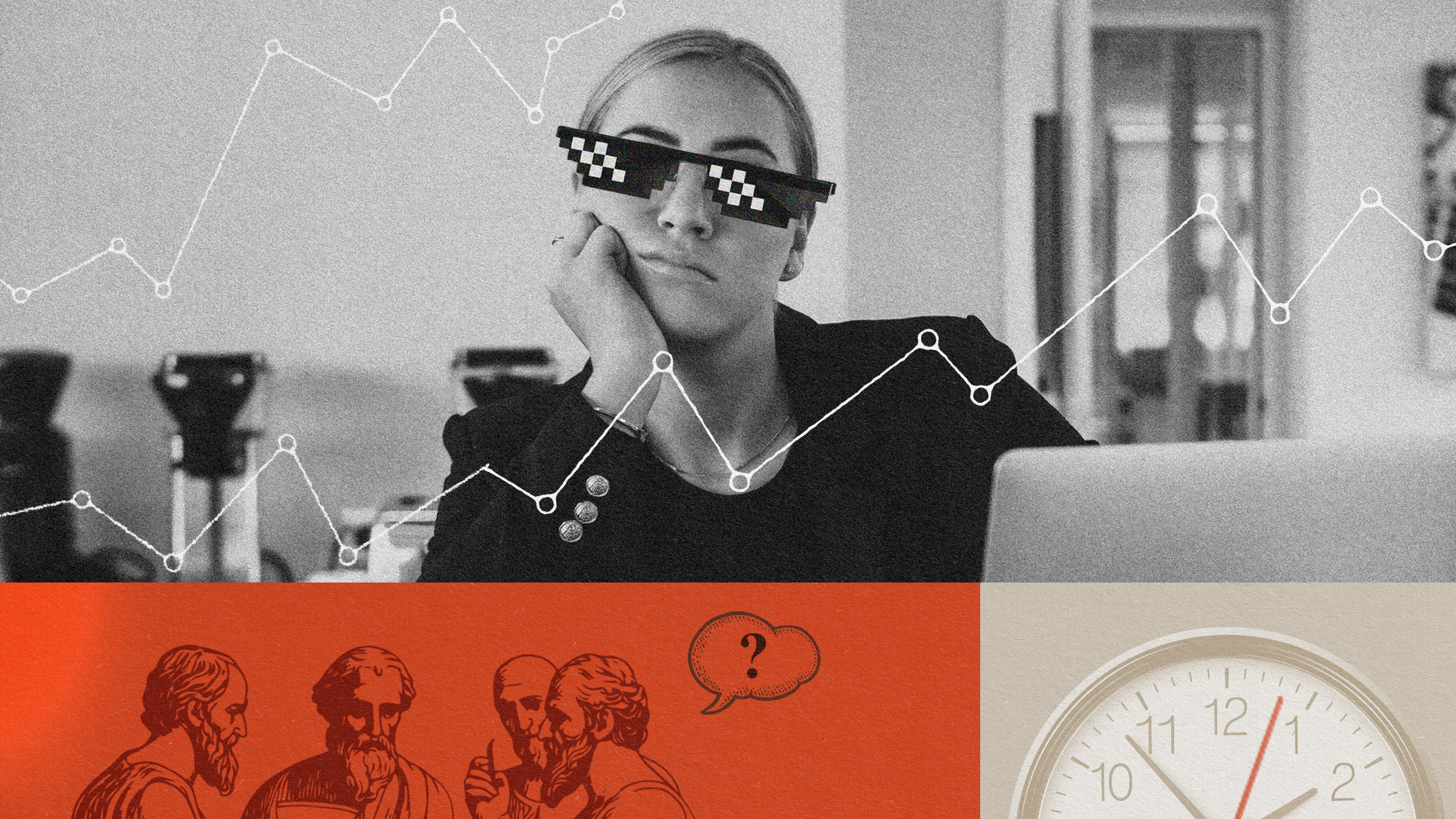 Woman wearing pixelated sunglasses sits at a desk, with graphic overlays of a line graph demonstrating workplace equality, classical figures in discussion, and a clock indicating 2 o'clock.