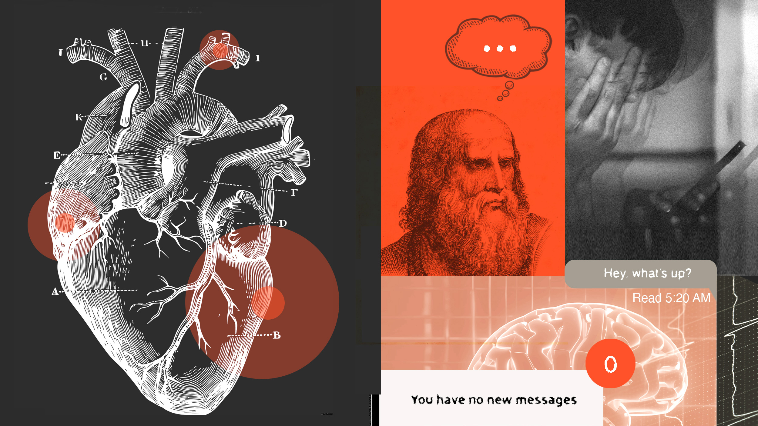 A collage of images featuring an anatomical drawing of a heart, a portrait of a bearded man embodying everyday philosophy, a brain illustration, and a smartphone showing an unread message notification.