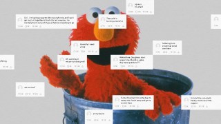 An edited image of elmo peeking out from a trash can, positioned among scattered multiple cartoon-like chat bubbles expressing humorous thoughts.