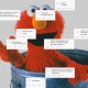 An edited image of elmo peeking out from a trash can, positioned among scattered multiple cartoon-like chat bubbles expressing humorous thoughts.