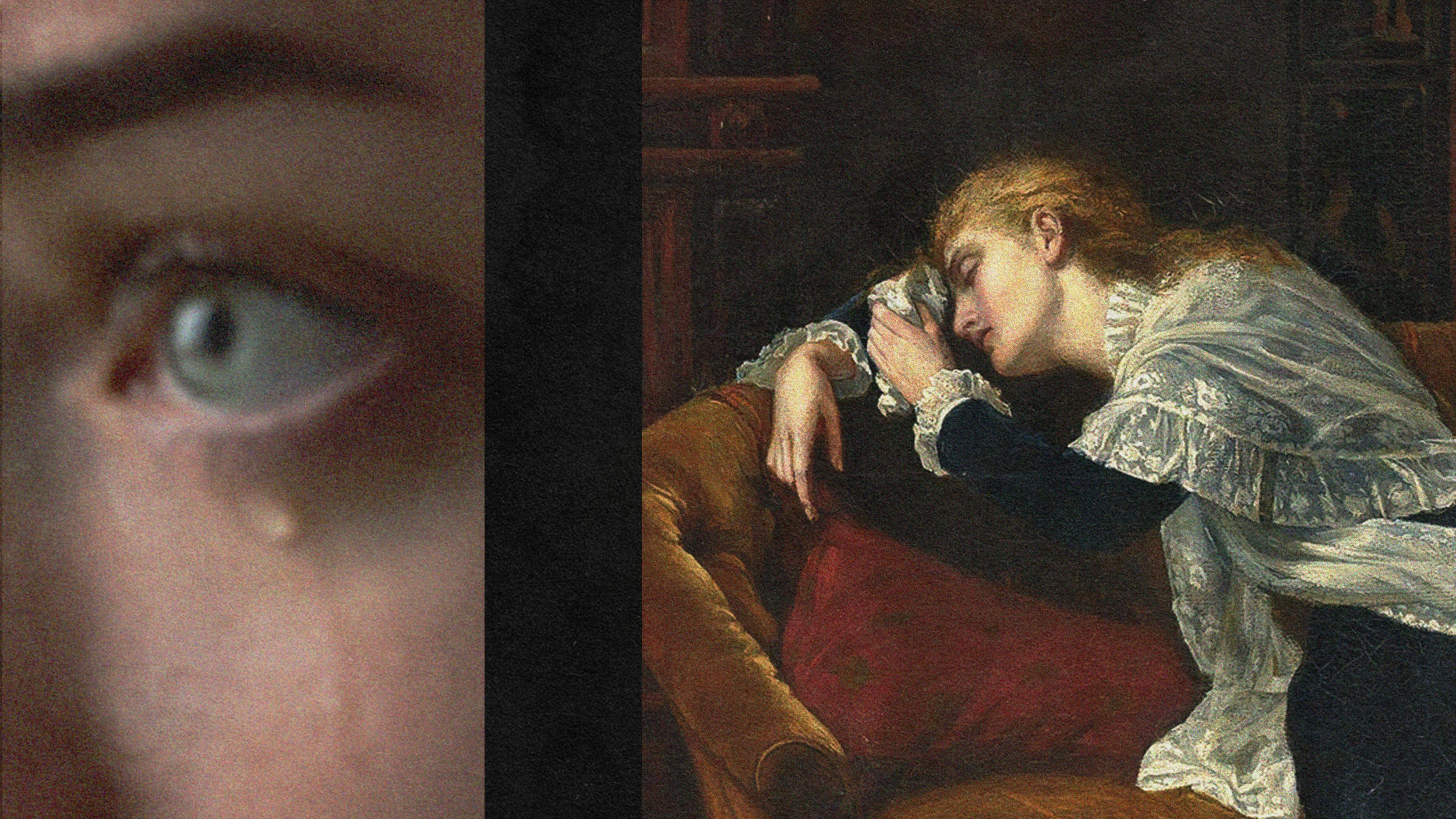 A split image with a close-up of a blue eye on the left, and a classical painting of a woman resting her head on her arm on a sofa on the right.