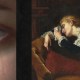 A split image with a close-up of a blue eye on the left, and a classical painting of a woman resting her head on her arm on a sofa on the right.