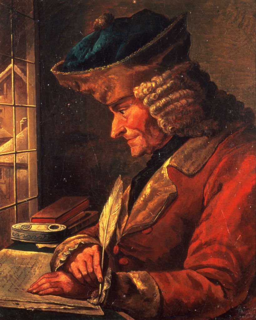An oil painting of an elderly man wearing a red jacket and blue hat, writing diligently in a book with a quill pen, next to a window.