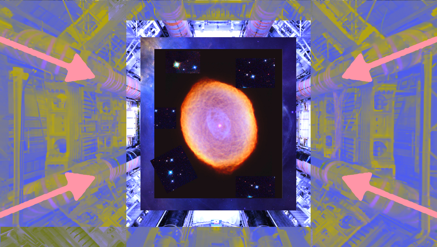 A digital image of a star's structure superimposed on a futuristic tunnel with neon arrow accents.
