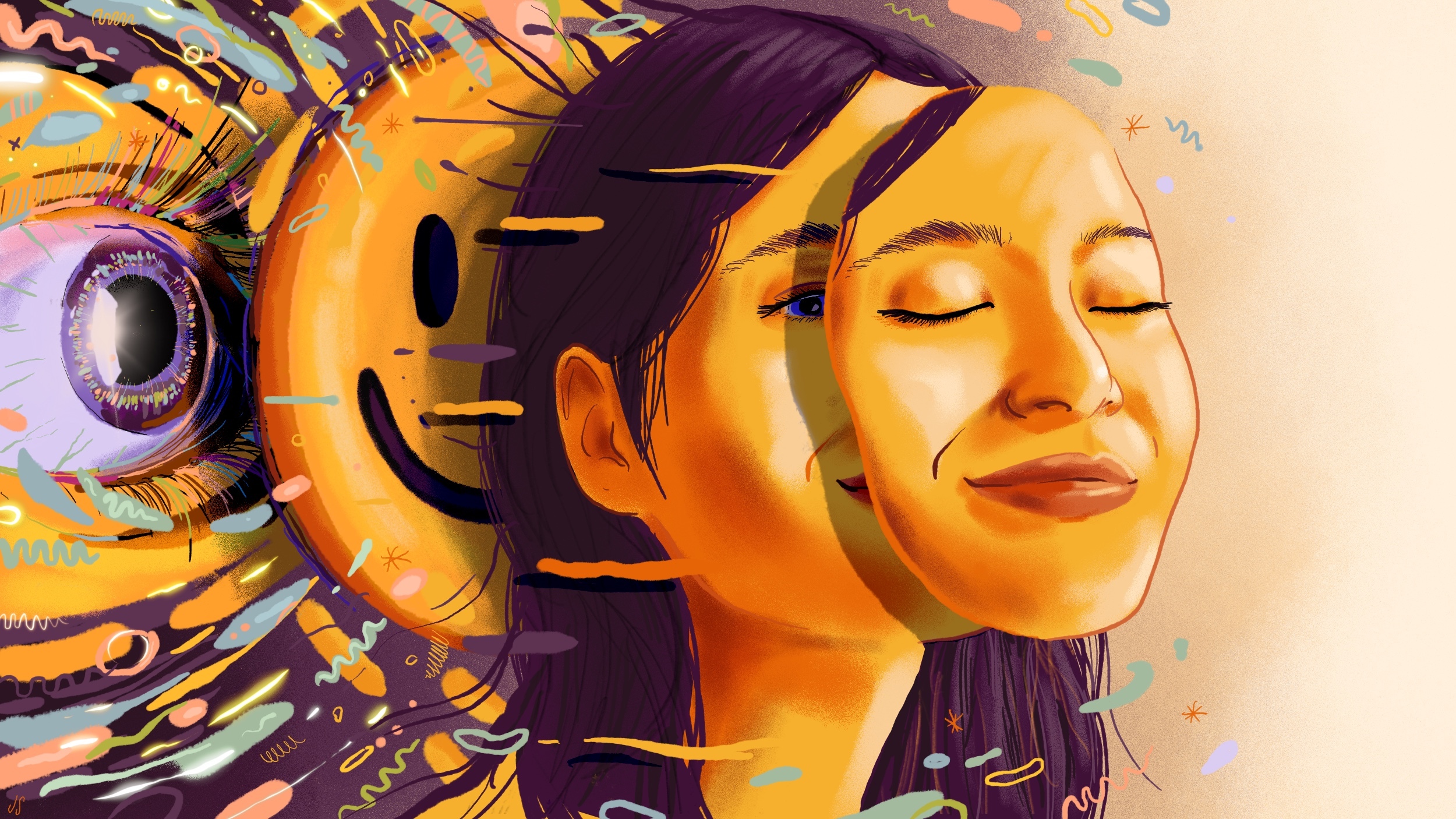 Illustration of a young woman with closed eyes, smiling, next to a large, detailed eye and surrounded by vibrant, abstract elements and smiley faces.