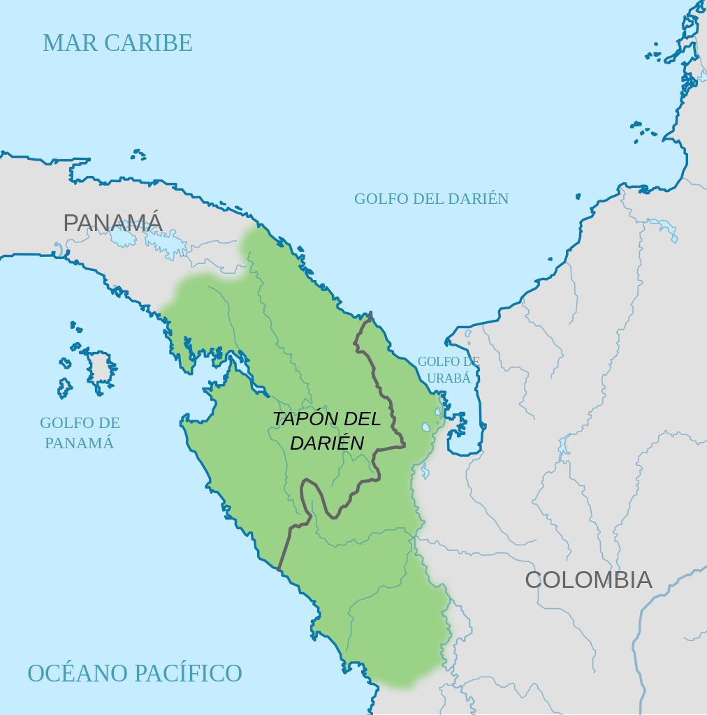 Map showing the Darién Gap in green, bordered by Panama to the west and Colombia to the east, with the Caribbean Sea and Pacific Ocean nearby.