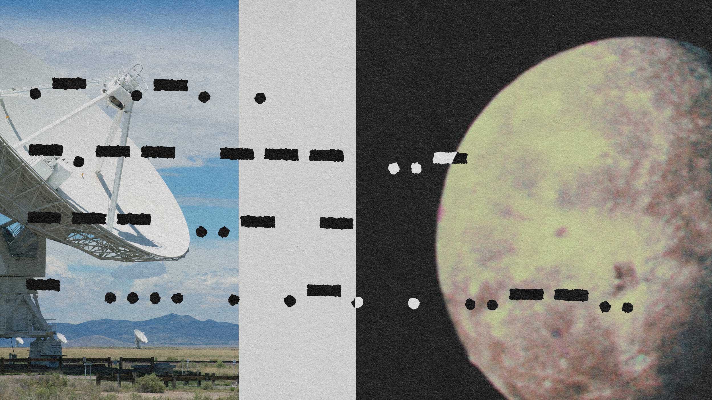 A collage depicting a radio telescope on the left and an abstract celestial body on the right, separated by a vertical band of black and white dashes.