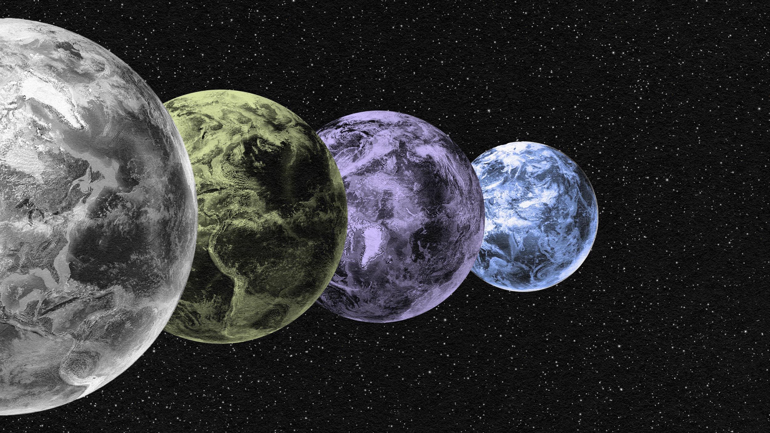 Four earth-like planets from a multiverse, in varying colors, aligned in space against a starry background.