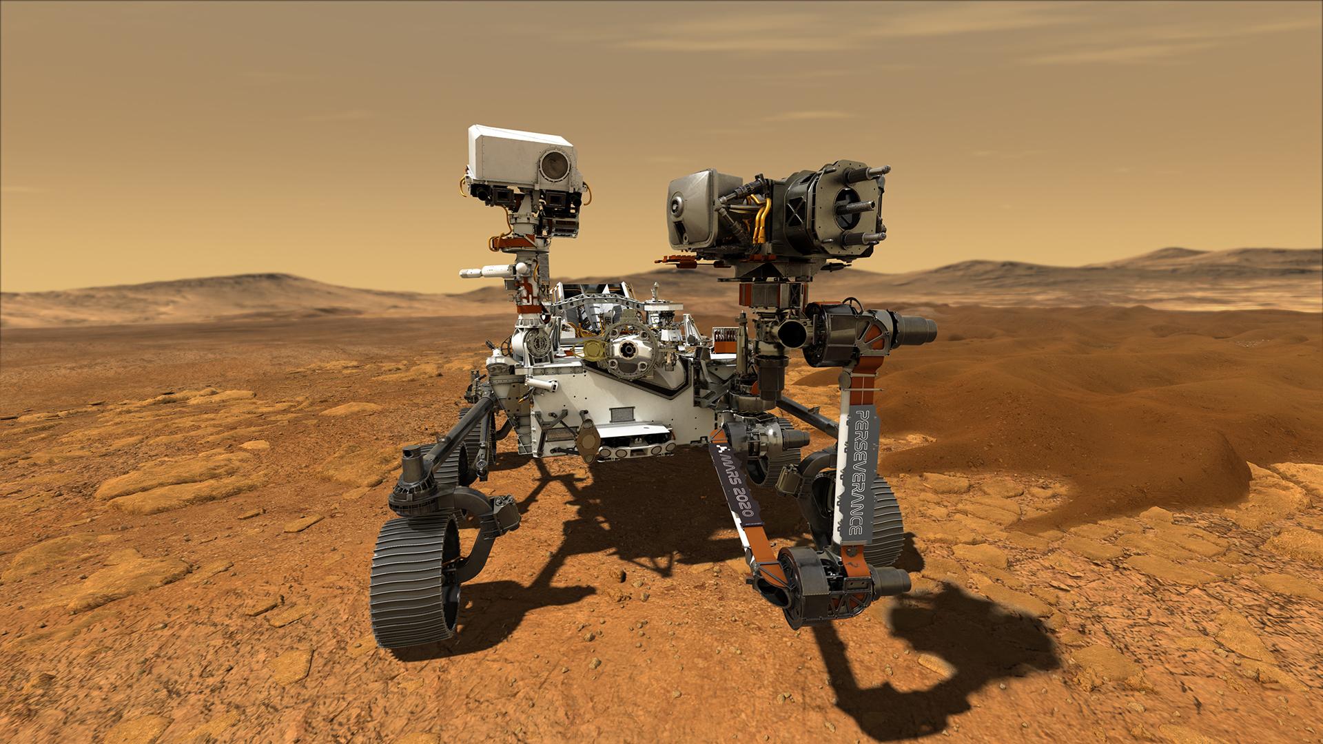 A robotic rover equipped with scientific instruments on the surface of mars.