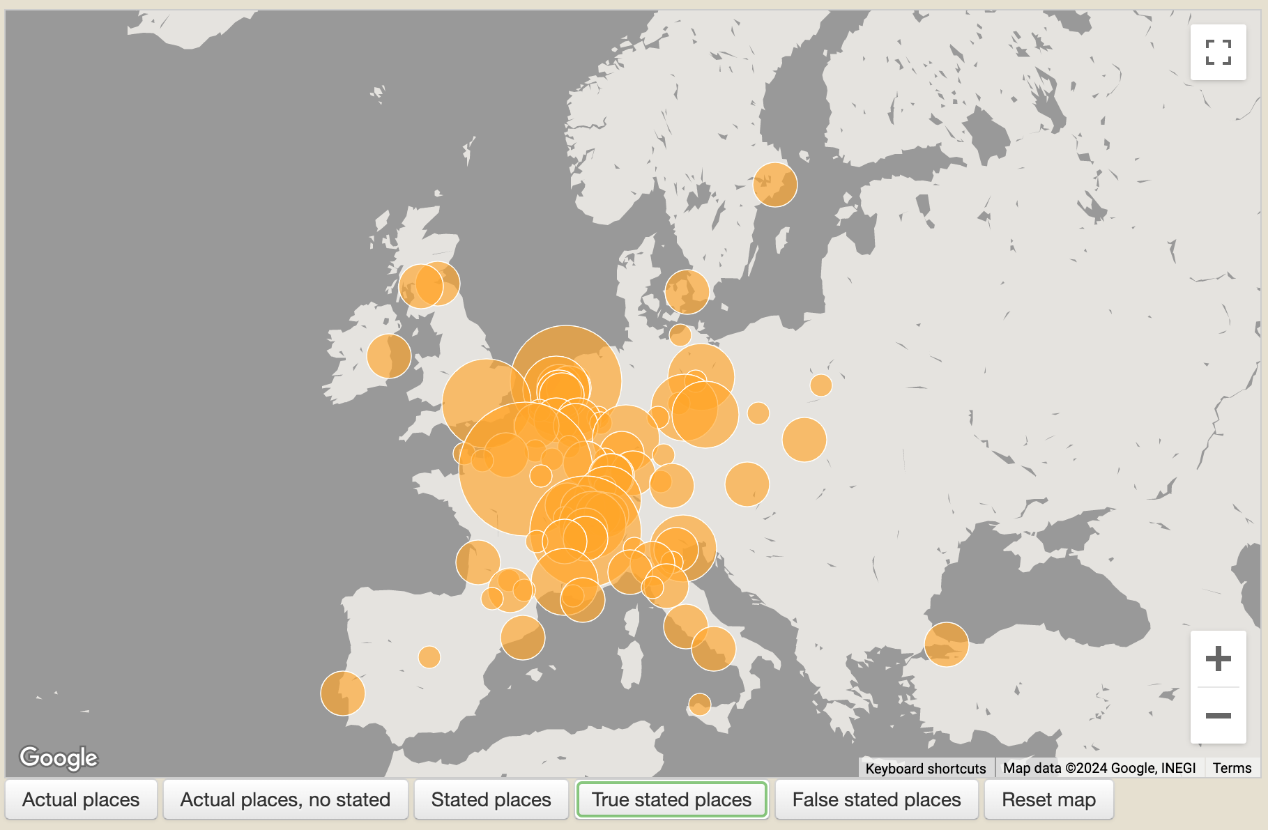 Map showing various sized orange circles over europe, indicating locations related to "actual places," "stated places," "true stated places," and "false stated places.