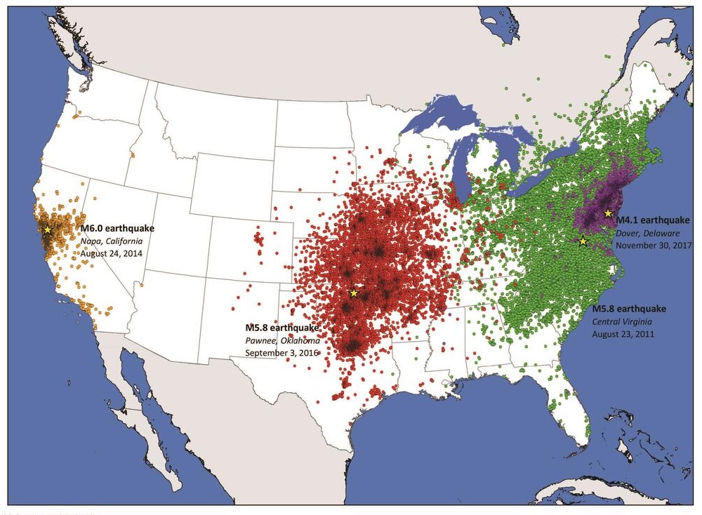 A map of the united states displaying the distribution and magnitude of various earthquakes with significant events labeled with their magnitude, location, and date.