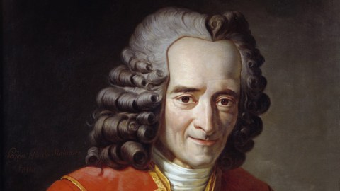 Portrait of Voltaire, featuring a detailed depiction of the philosopher in a red coat, with gray curly hair and a gentle smile, symbolizing his wisdom in making better decisions, painted by Nicolas de L