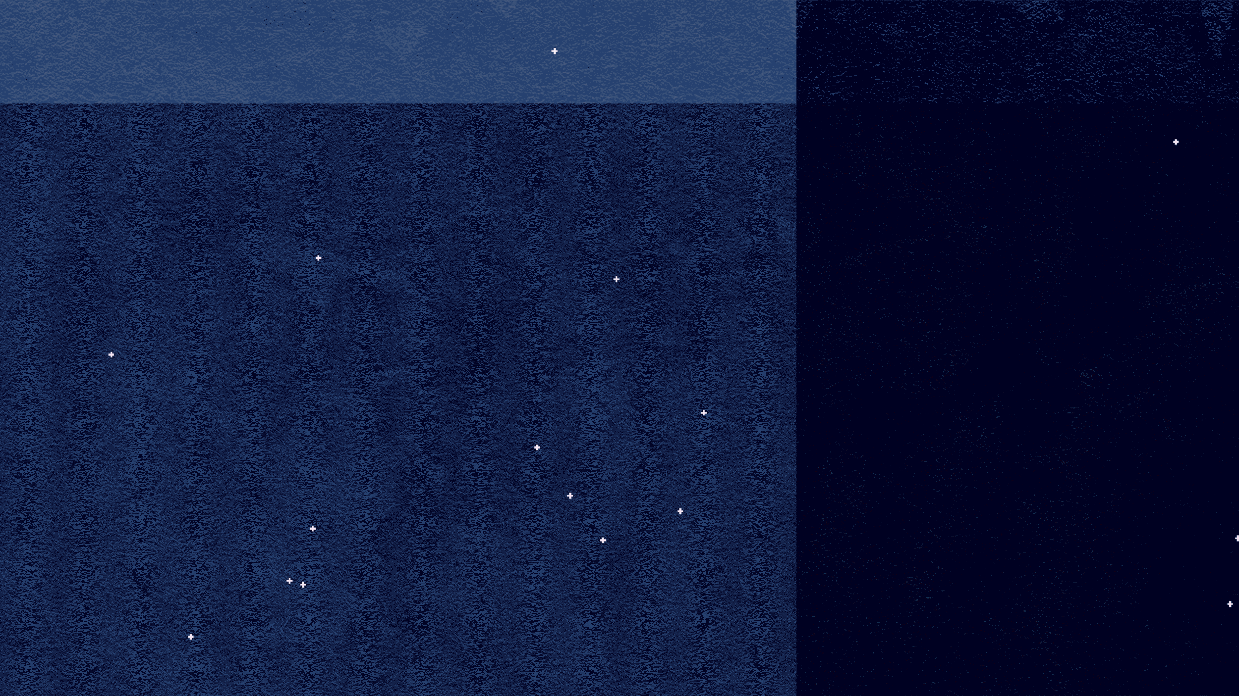 A minimalistic graphic depicting dual shades of blue, segmented horizontally, with small white dots scattered throughout, resembling a starry night sky.