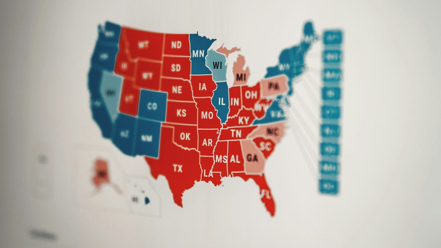 A close-up of a u.s. electoral map on a digital screen highlighting states in red and blue, indicating election results with a focus on missouri.
