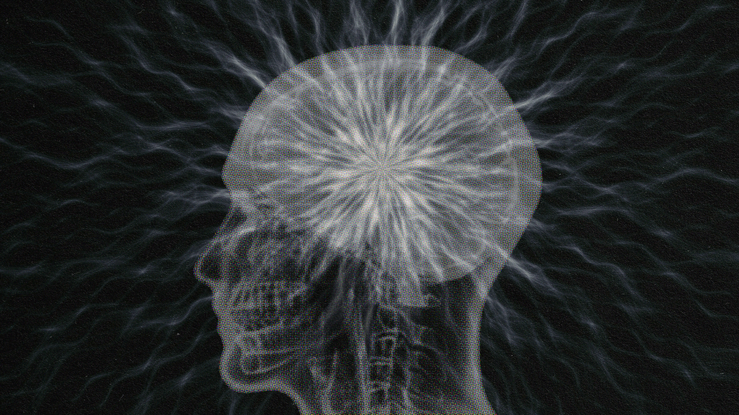 X-ray style image of a human head with brain highlighted by luminous, branching electric currents made of particles against a dark background.