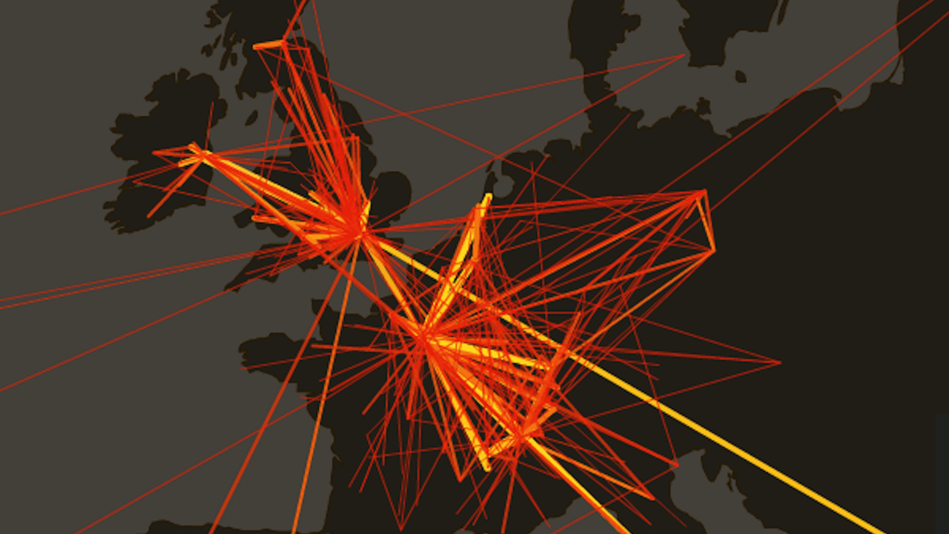 A graphical representation of network connections superimposed on a dark map, highlighting major nodes with bright orange and yellow lines.
