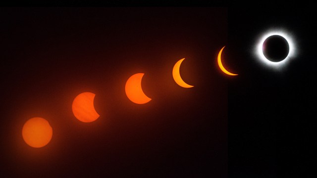 A sequence showing the phases of a solar eclipse, culminating in totality, against a dark background.