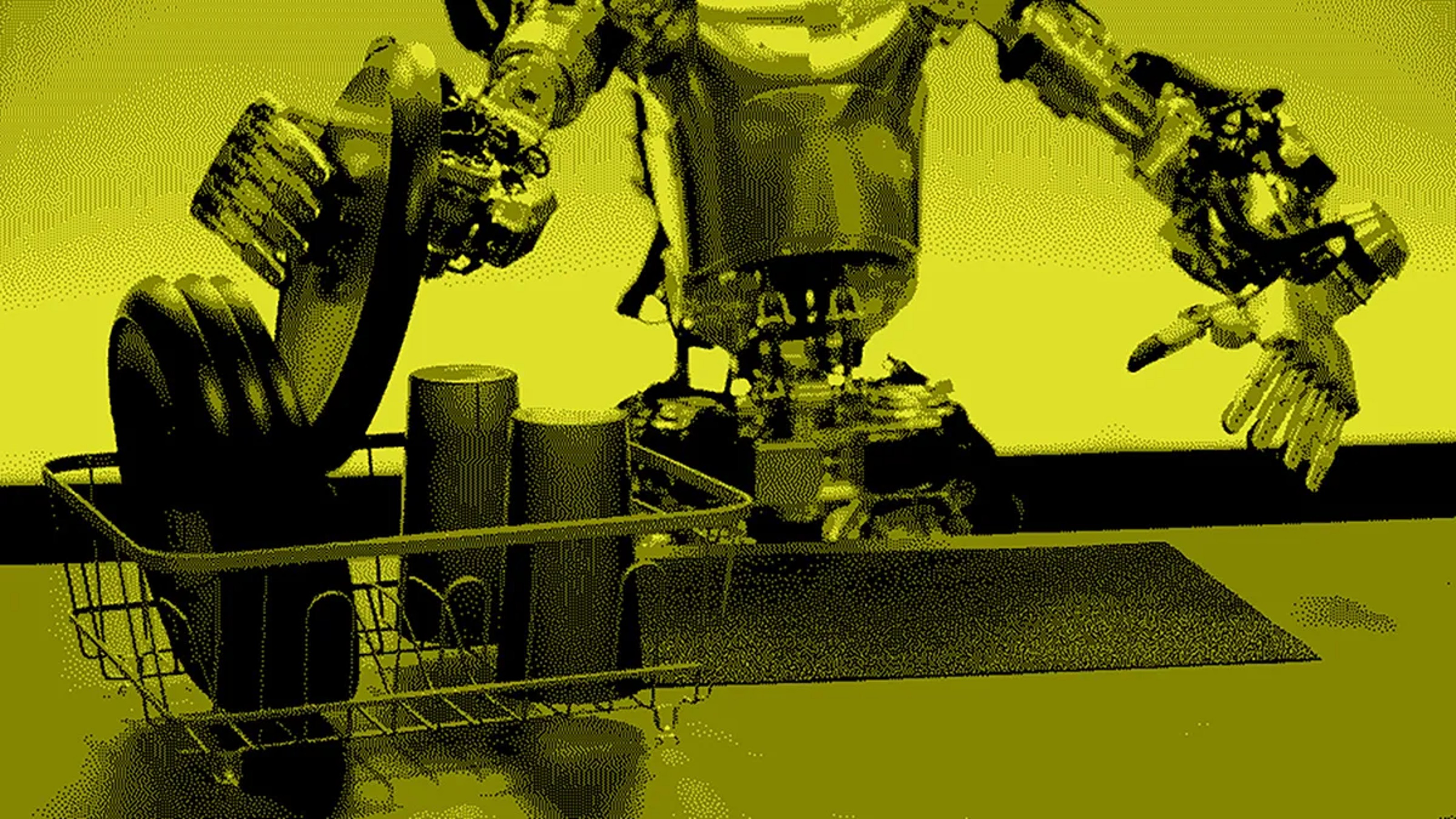 Two robotic arms sorting cans into a wire basket on a yellow background.