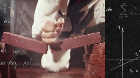A person in a karate gi breaking a brick with a hand strike, demonstrating the physics of karate, superimposed on a background of mathematical equations and graphs.