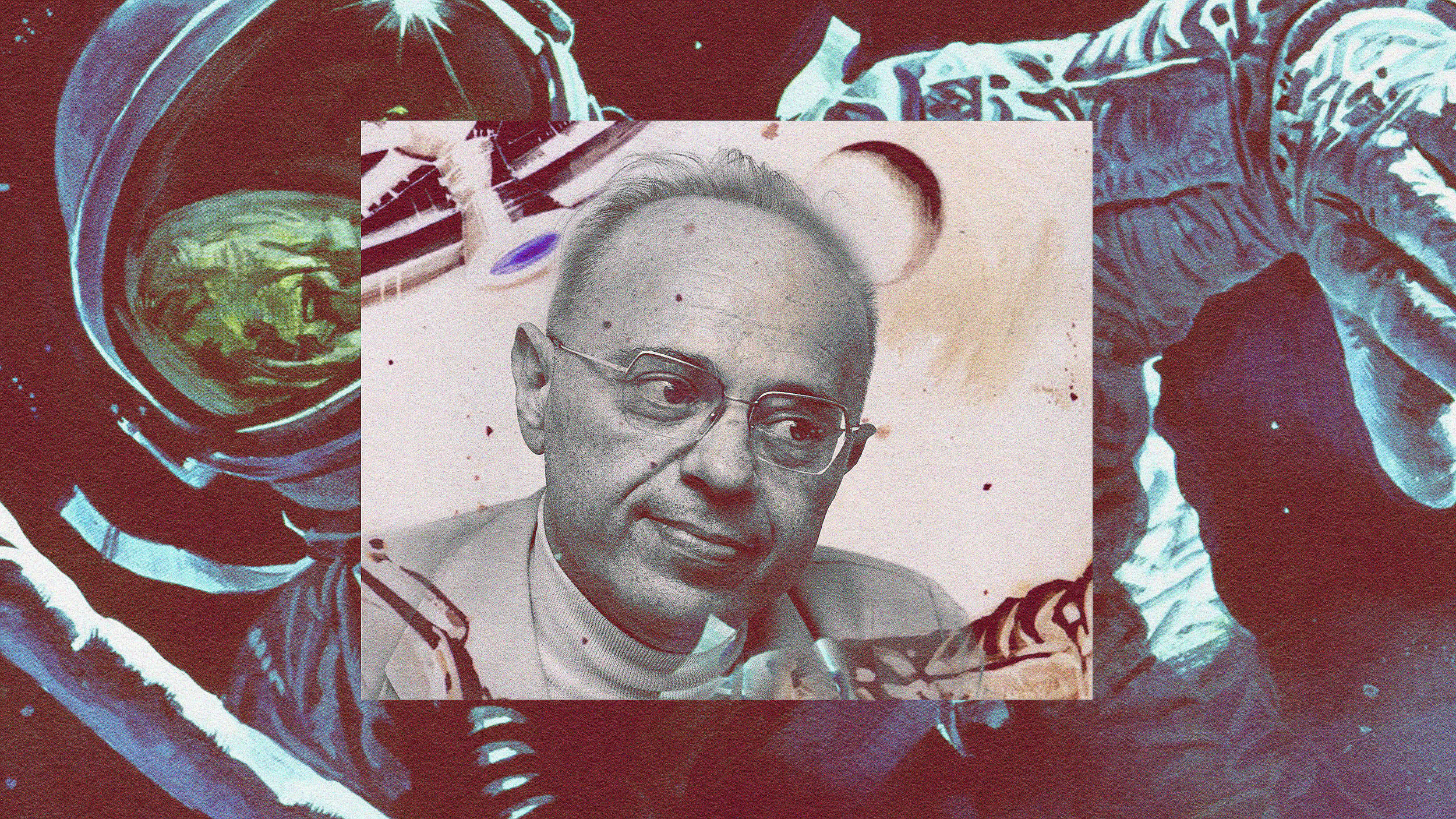 Vintage portrait of a man, embodying the philosophy of AI, superimposed on an abstract cosmic background.