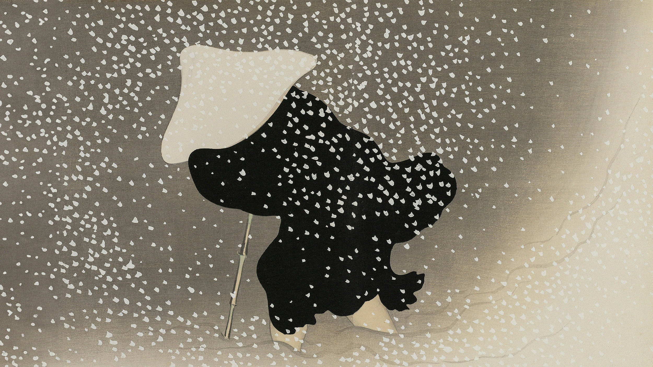 A stylized silhouette of a person under an umbrella amidst falling snow, depicted in black against a speckled beige background, embodying elements of Japanese philosophy.
