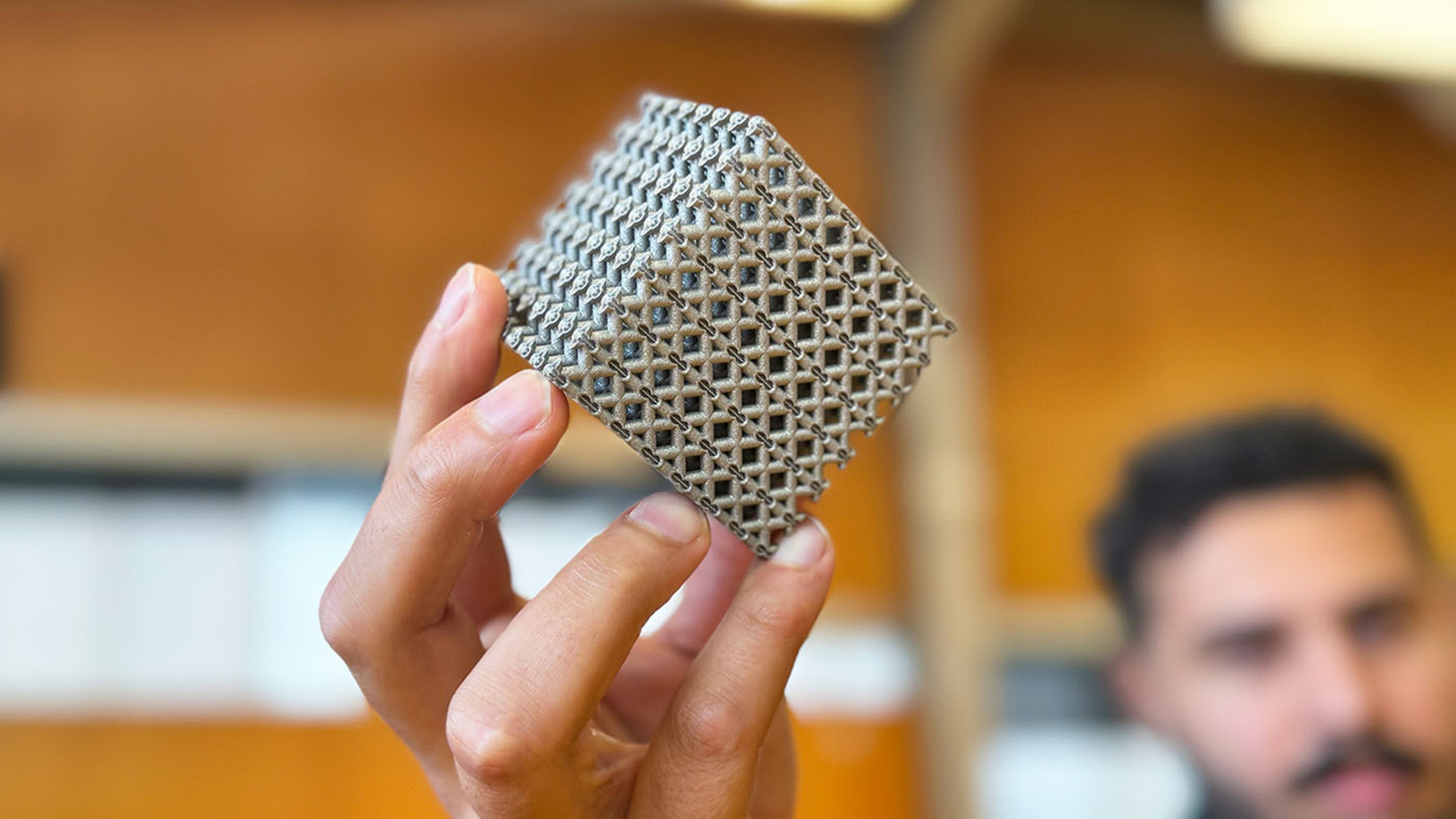 A person holding a complex metallic lattice structure in focus, with a blurred individual in the background.