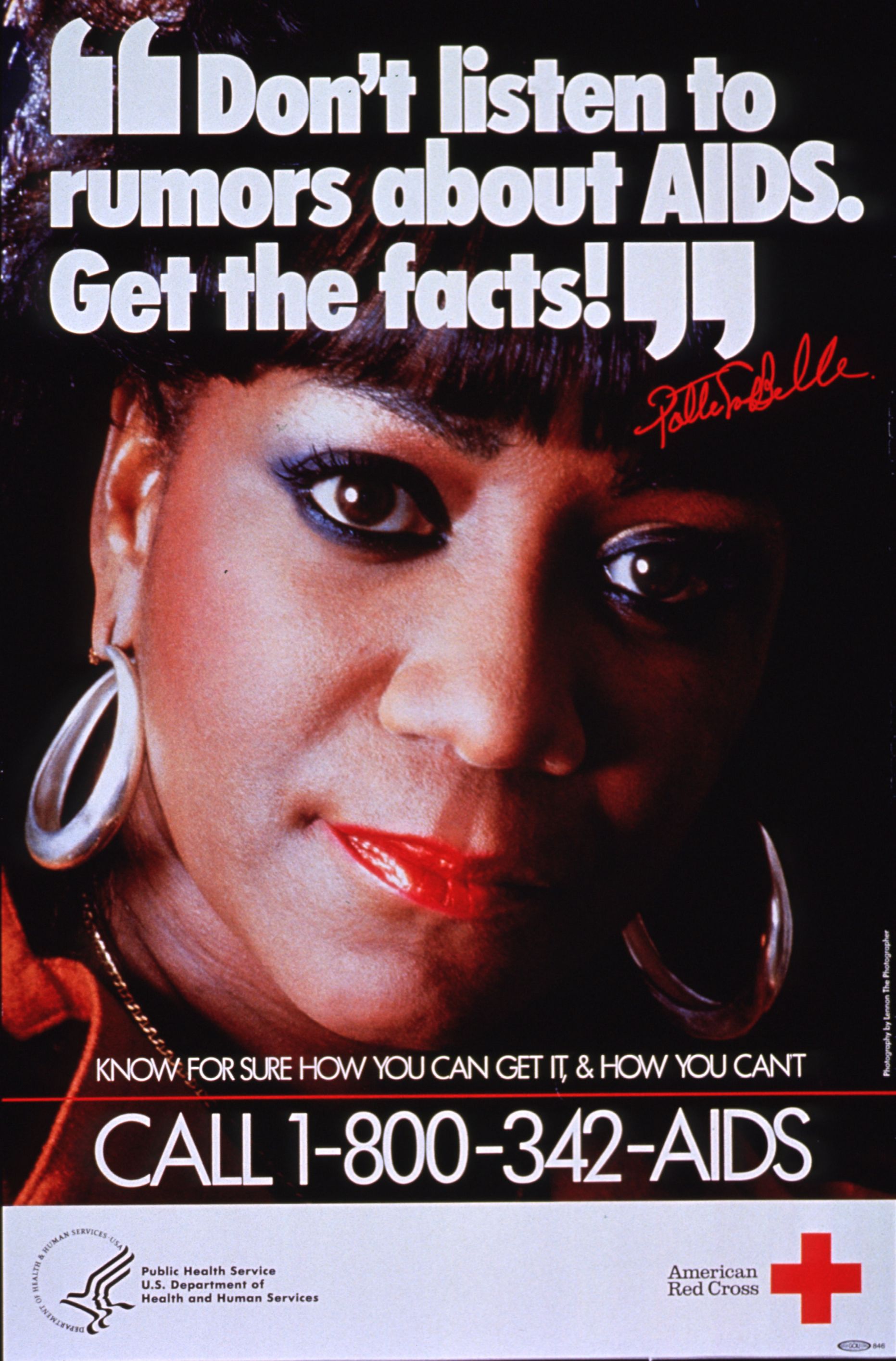 Public health aids awareness campaign poster featuring a celebrity endorsement encouraging people to learn the facts about aids.