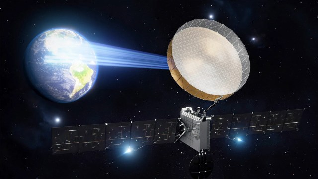 A digital artwork of a satellite with a large golden antenna, transmitting a blue beam towards earth against a starry space background.